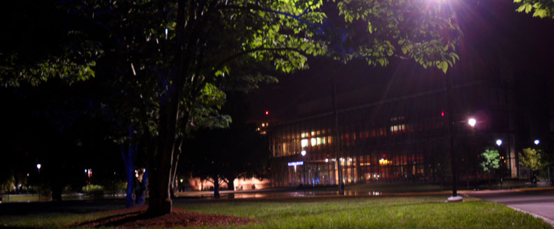 The temporary moat in front of the new Main Library